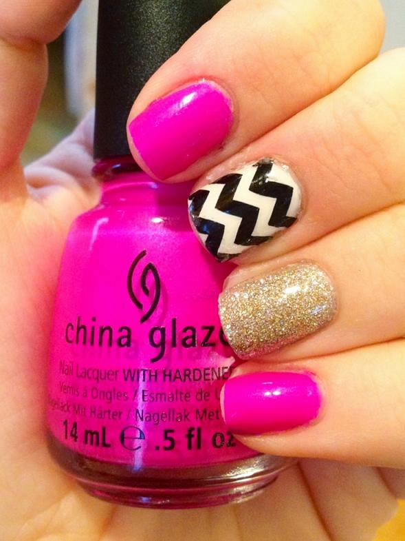 Pink Chevron Glitter Nails