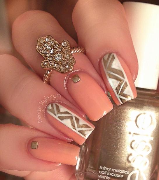 gold and coral nails