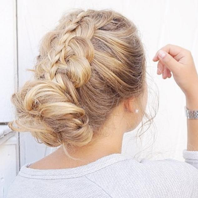 Stacked braid and messy bun
